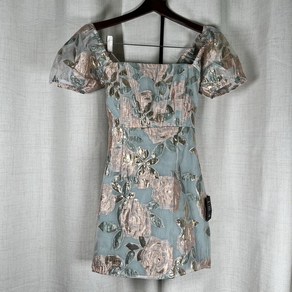 NEW! Lulus Cheerfully Perfect Mint Floral Jacquard Mini Dress XS Fairycore